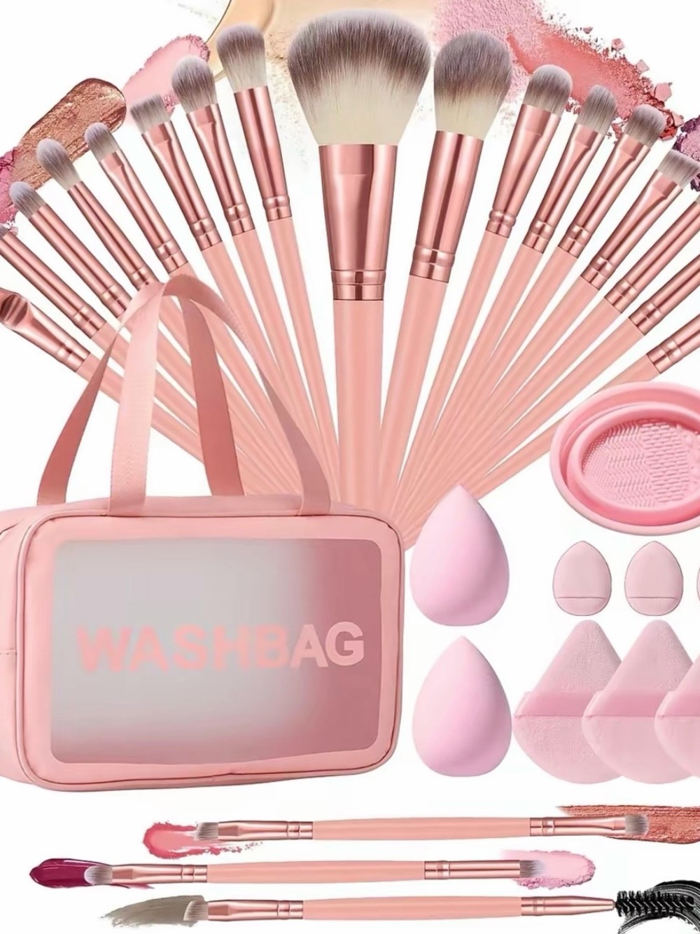 20-Piece Pink Makeup Brush and Accessory Set with Carry Bag